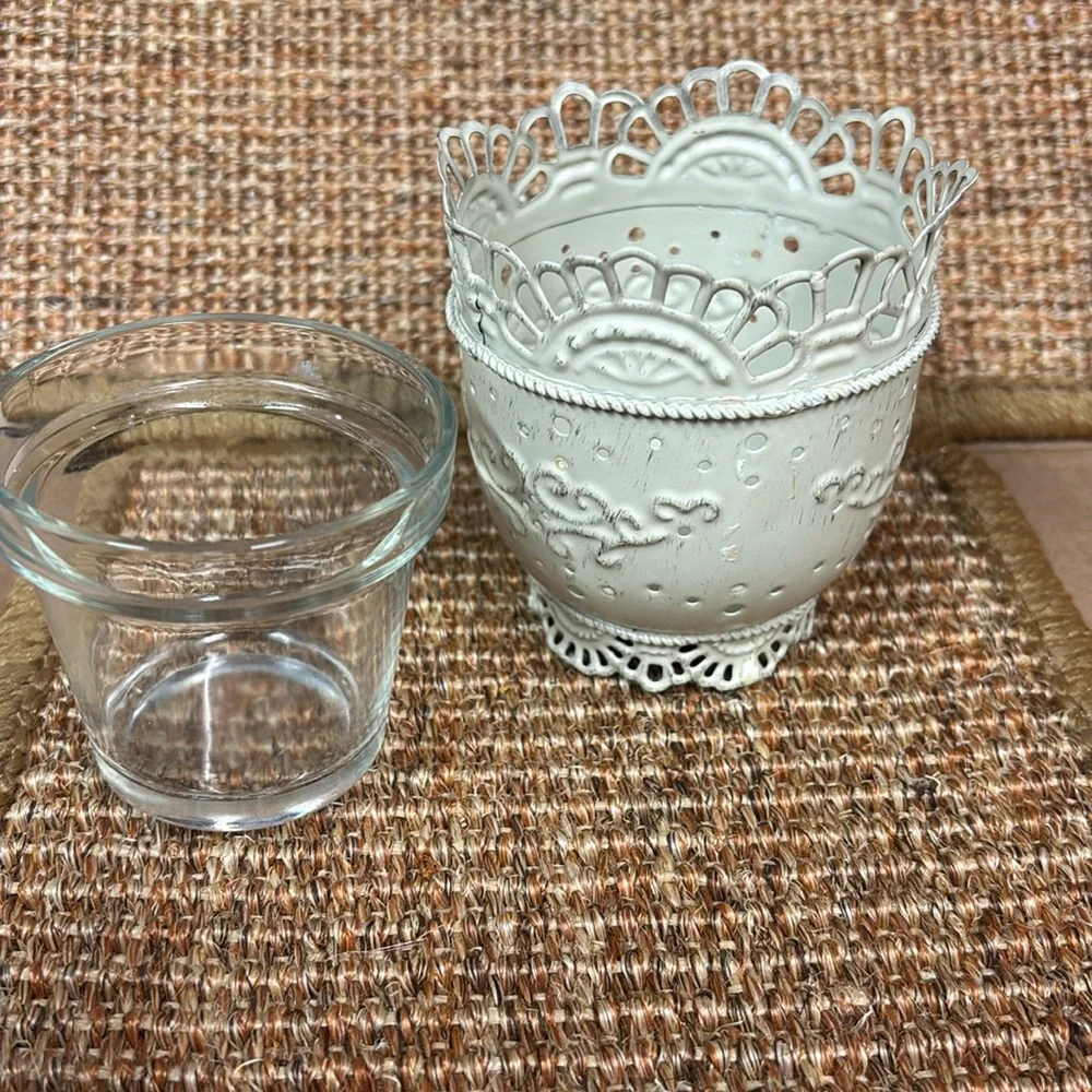 Shabby Chic Metal Candle Holder distressed ivory lace pedestal, glass votive cup